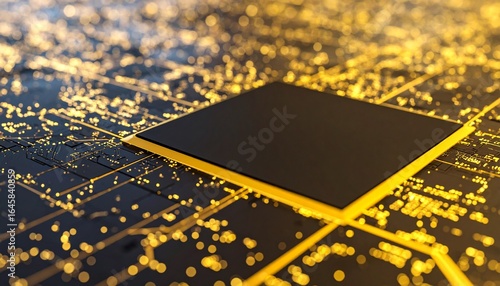 Abstract golden circuit board with central black square