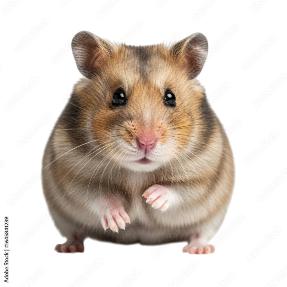 Cute hamster with tan and grey fur, on hind legs, looking forward Cute hamster with tan and grey fur, on hind legs, looking forward