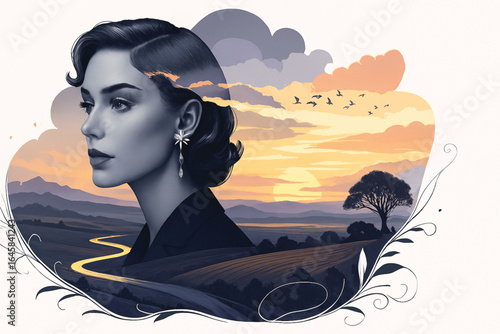Contemplative woman in a double exposure with a scenic sunset landscape. An AI generated artistic portrait of thought and serenity.