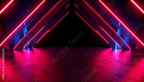 Neon-lit, triangular, dark stage