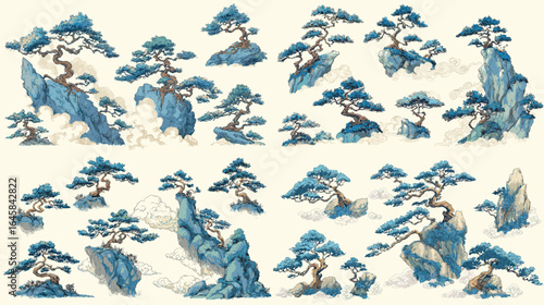 Chinese Mountain Landscape Illustration
Description: Elegant Chinese mountain landscape illustration with pine trees and mist, inspired by traditional ink painting, perfect for cultural art projects.