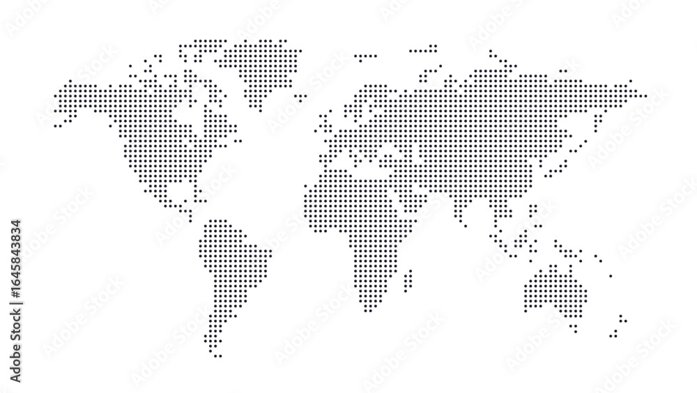 Fototapeta premium Halftone world map with dot pattern, dotted globe continents graphic, black and white Earth planet, global geography elements, digital simple travel infographics. Vector isolated concept