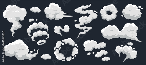 Cartoon smoke clouds white steam and vapor puffs, explosion and dust swirl elements, fog and mist shapes, comic style air blast game graphics, gas trail, fume ring. Vector isolated set