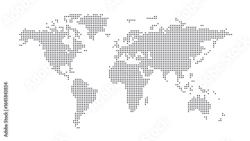 Halftone world map with dot pattern, dotted globe continents graphic, black and white Earth planet, global geography elements, digital simple travel infographics. Vector isolated concept