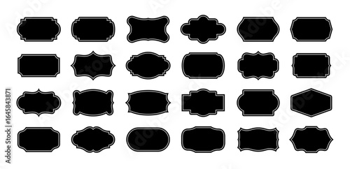 Black decorative label silhouettes, vintage frame shapes, retro outline badge, ornate geometric borders, empty tag design graphics, shield elegant royal crest emblem, retro sticker. Vector set