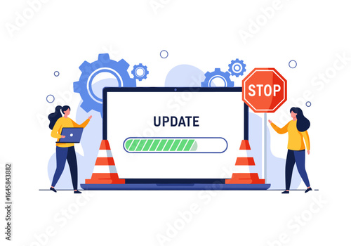 System upgrade process interrupted by warning signals and technical support staff examining the computer screen displaying progress bar