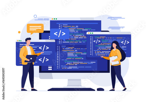 Two developers collaborating on a computer screen filled with code and programming symbols representing software development