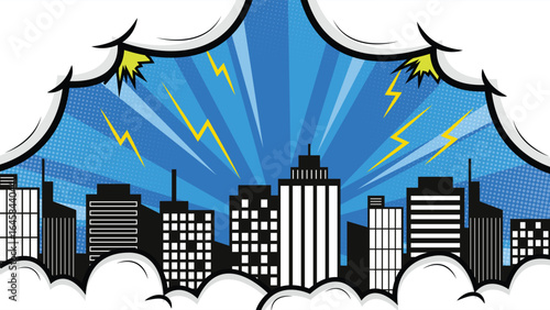 Dynamic pop art city skyline featuring comic style buildings clouds and yellow lightning over blue halftone rays ideal for retro urban design and creative illustrations