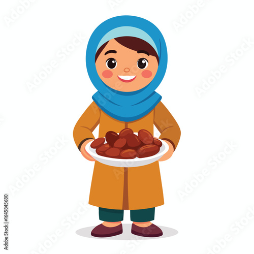 A young girl in a hijab, holding a plate of dates, smiles warmly.