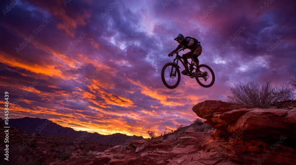 Naklejka premium Mountain biker jumping sunset silhouette