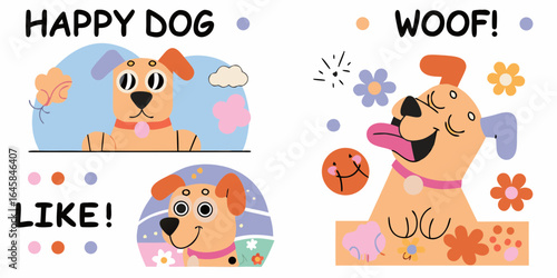 Joyful cartoon dogs with flowers and happy expressions