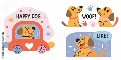 Joyful dogs in a car and with speech bubbles