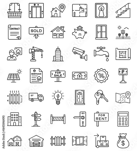 Collection of thin line icons representing real estate, property management, housing, renting, and construction elements for digital use.
