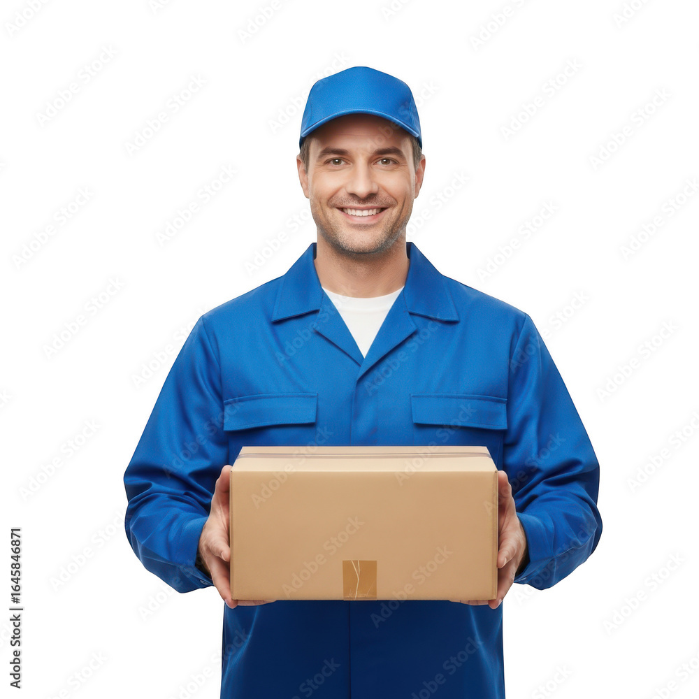 Smiling delivery person holding a package isolated on transparent background Smiling delivery person holding a package isolated on transparent background