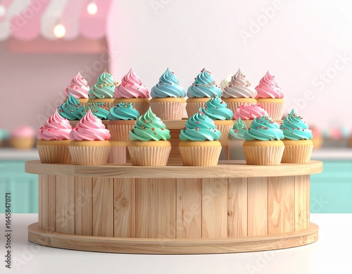 Colorful cupcakes on a wooden stand in a pastel-toned display