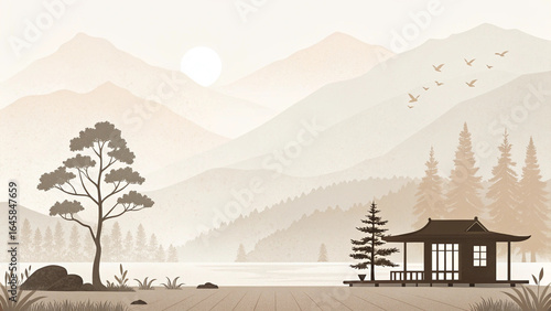 A tranquil, sepia-toned vector illustration of a landscape with layered mountains, a lake, and a traditional East Asian building near trees.

