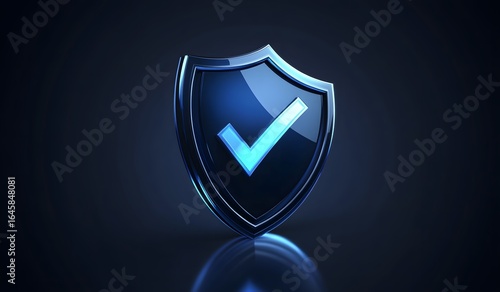 Blue security shield with a checkmark icon on a dark blue background, vector illustration design. Cyber layer for website banner and web layout