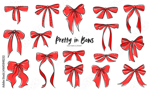 Vintage Coquette Bows in Hand-Drawn Whimsical Style Ribbon Set, Cute Flirtatious Bows Clipart Collection