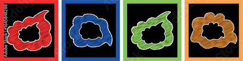 Creative Organic Shape Vector Set with Soft Curves, Abstract Liquid Patterns Scribed Brush and Bright Colours in Black Backdrop with Colourful Line frame