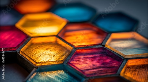 Close-up view of colorful hexagonal tiles.