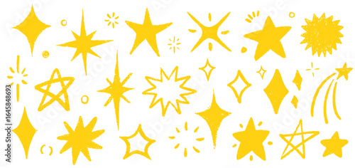 Crayon Star and Moon Doodle Set in Hand-Drawn Style. Includes Spark Yellow Stars