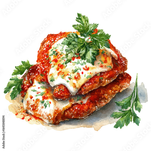 Watercolor vector illustration of Chicken Parmigiana, isolated on white background.