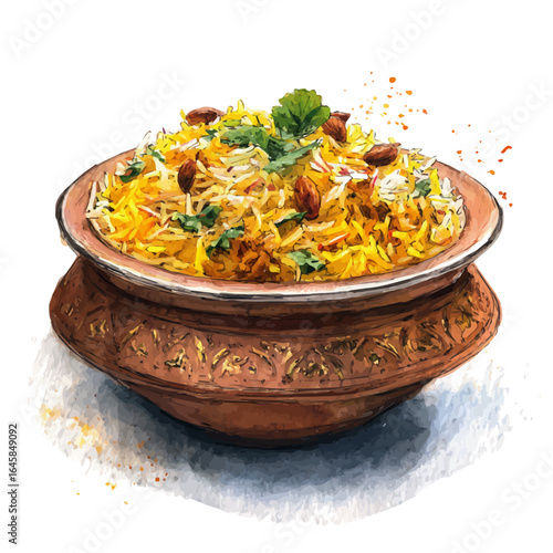 Biryani in watercolor style, vector illustration, isolated on white background.