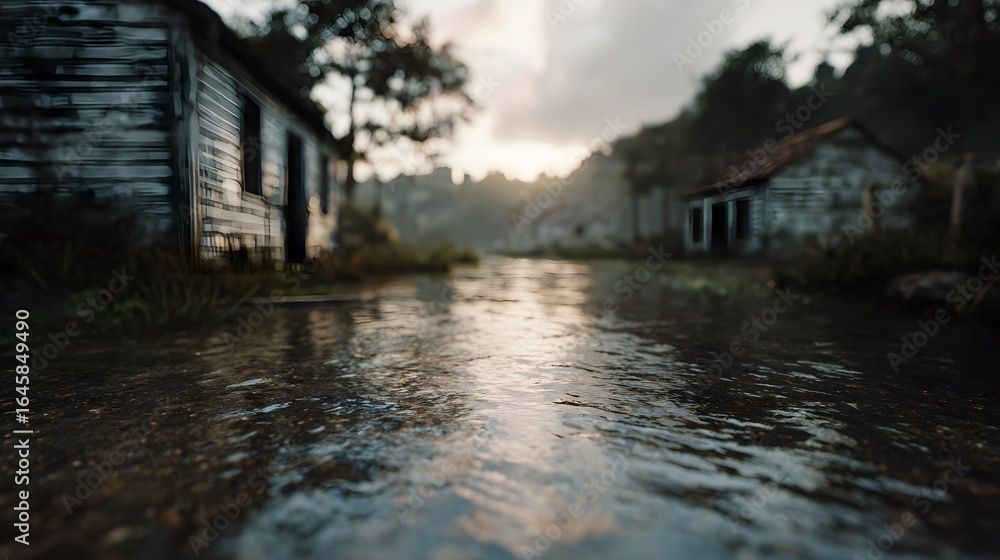 Fototapeta premium Flooded village after heavy rain in a climate disaster setting