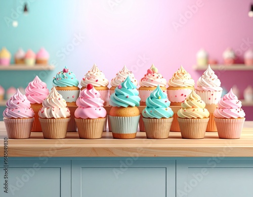 Row of colorful cupcakes on a wooden counter in a pastel-toned shop