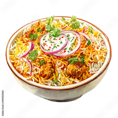 Biryani, watercolor painting, vector illustration, isolated on a white background.