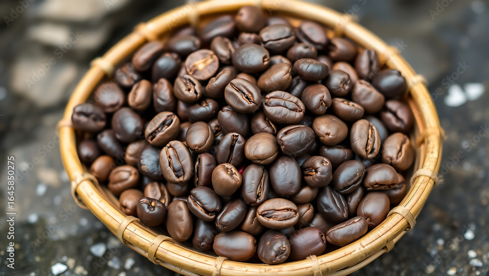 Fototapeta premium Fresh Roasted Coffee Beans in Basket | Aromatic Espresso Blend