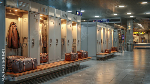 Row of metallic lockers in a modern train station, with leather bags and jackets placed on benches, showcasing organized storage and travel convenience in a bustling environment