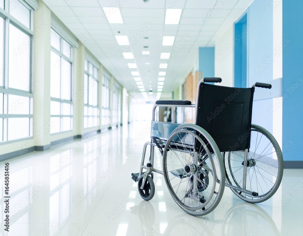 Empty hospital hallway with wheelchair Empty hospital hallway with wheelchair