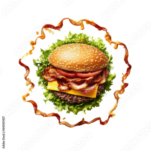 Juicy Bacon Cheeseburger with Fresh Lettuce and Sesame Seed Bun, Perfect for Fast Food Lovers on transparent background