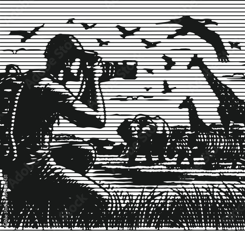 Lined effect engraving of a man photographing wildlife in black, detailed nature scene, realistic outdoor photography