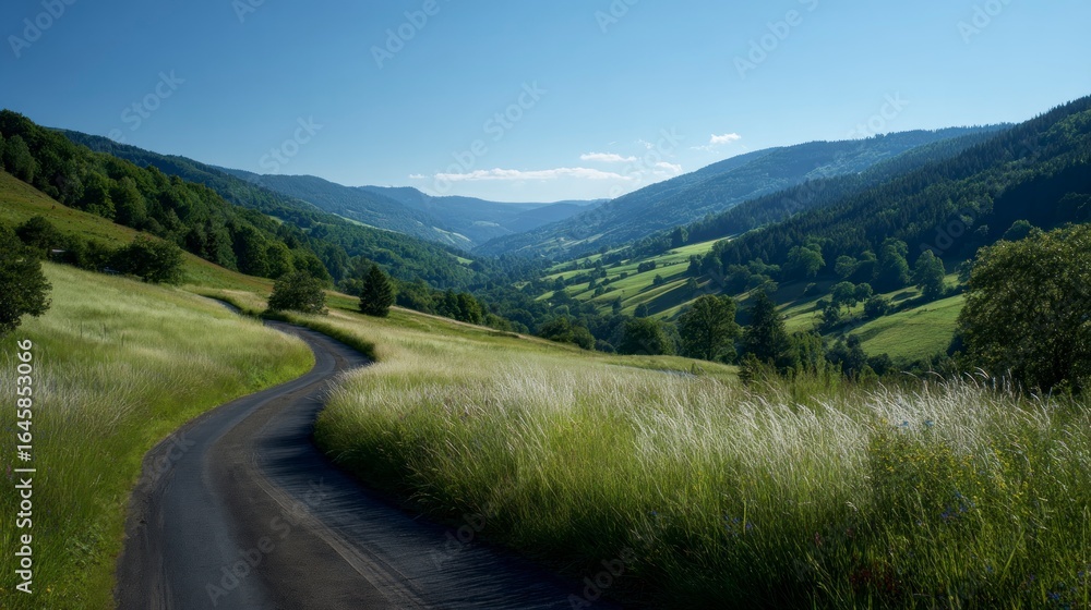 Fototapeta premium Mountain valley road through green hills