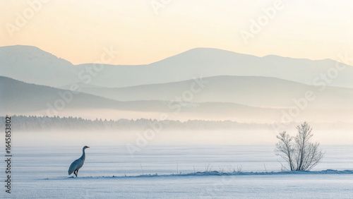 A peaceful winter scene depicts a lone crane on a frozen, misty landscape with a bare tree and layered mountains under a soft, light-colored sky.

