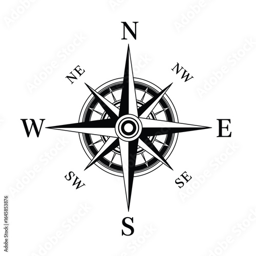 Classic Black and White Compass Rose: Nautical, Directional, Symbolic Illustration for Travel, Exploration, and Adventure.