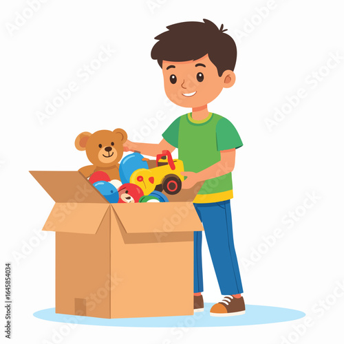 A smiling boy carefully sorts through and organizes his toys in a cardboard box.