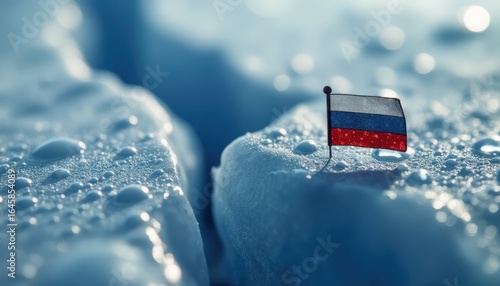 Flags of America and Russia stand together on Arctic ice, representing hope for peace and collaboration