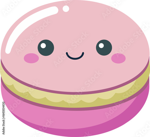 Playful Pink Macaron: An adorable, cartoonish pink macaron, with its cheerful expression, inviting viewers to indulge in a moment of pure delight and confectionary charm.