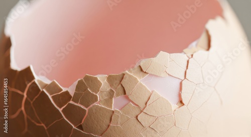 Close up of a cracked eggshell revealing the pink interior with a textured surface showing fragile origins and new beginnings