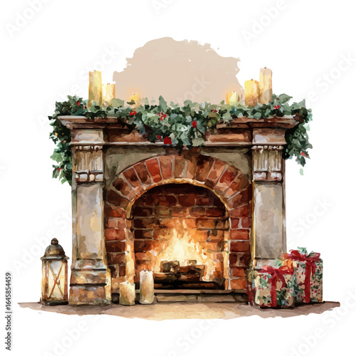 Watercolor vector illustration of Christmas Fireplace, isolated on white background.