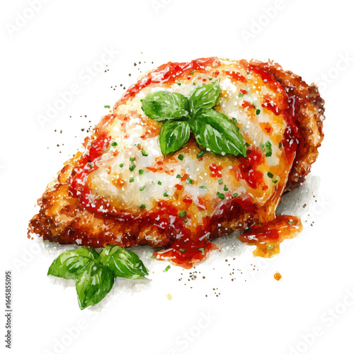 A watercolor painting of Chicken Parmigiana, vector illustration on white background.