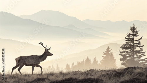 A stag walks through a misty mountain landscape. Layered mountains and evergreen trees are visible in the soft light.


