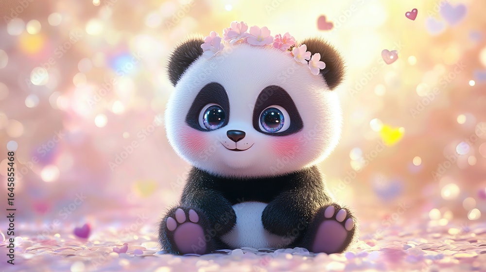 Fototapeta premium baby panda wearing a flower crown sits amidst magical, sparkling background