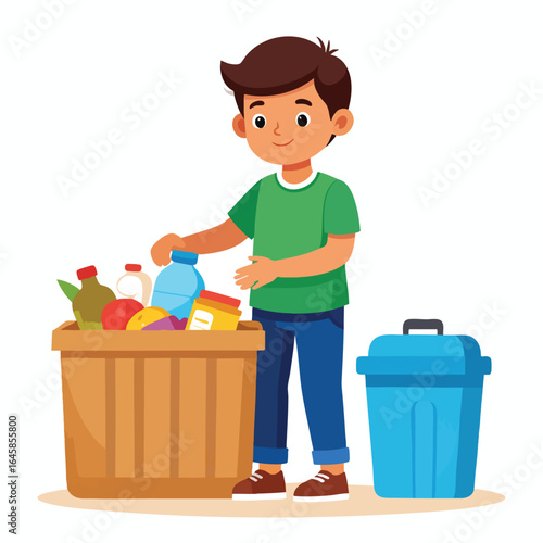 A smiling boy diligently sorts recyclables into a wooden bin, contributing to waste management.