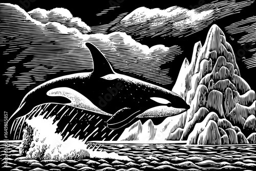 Vintage engraving of an orca breaching near an iceberg under dark Arctic clouds, perfect for antique marine artwork, nautical decor, and classic wildlife illustration