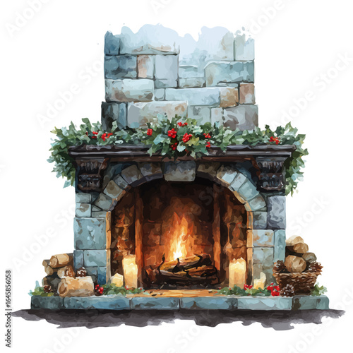 A watercolor painting of Christmas Fireplace, vector illustration on white background.