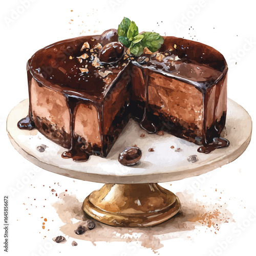 Watercolor vector illustration of Chocolate Cake, isolated on white background.